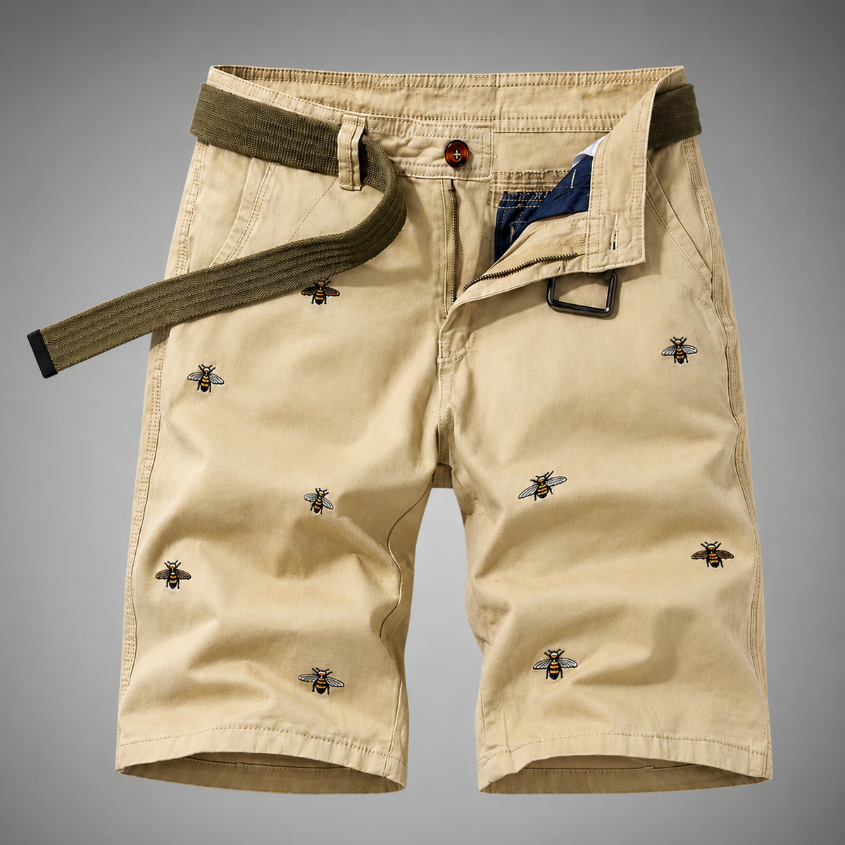 Men's Cotton Shorts – Relaxed Fit with Embroidered Bee Pattern and Woven Belt