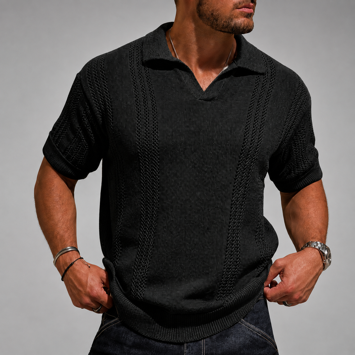 Men's Open Knit Polo Shirt – Relaxed Fit with Polo Collar