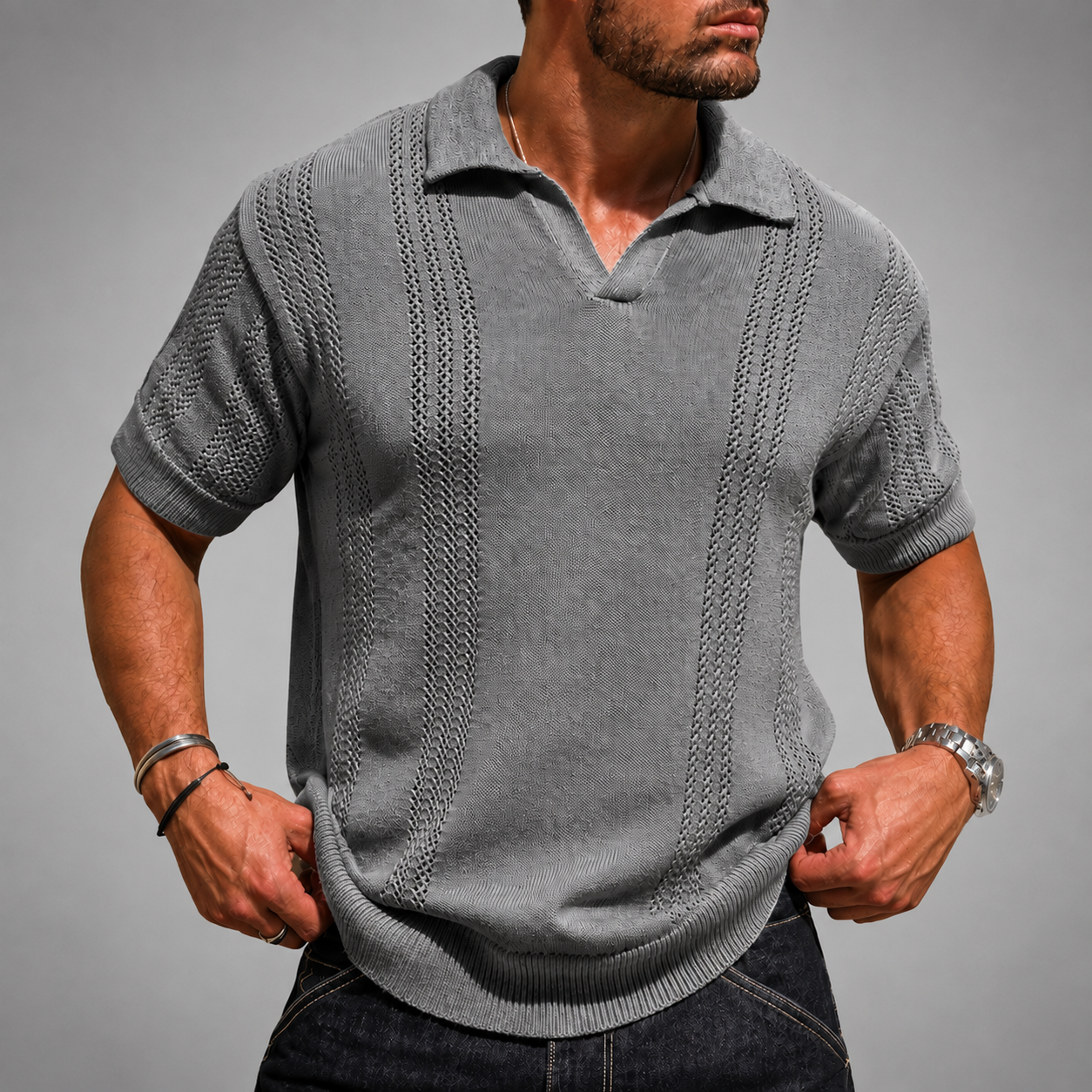Men's Open Knit Polo Shirt – Relaxed Fit with Polo Collar