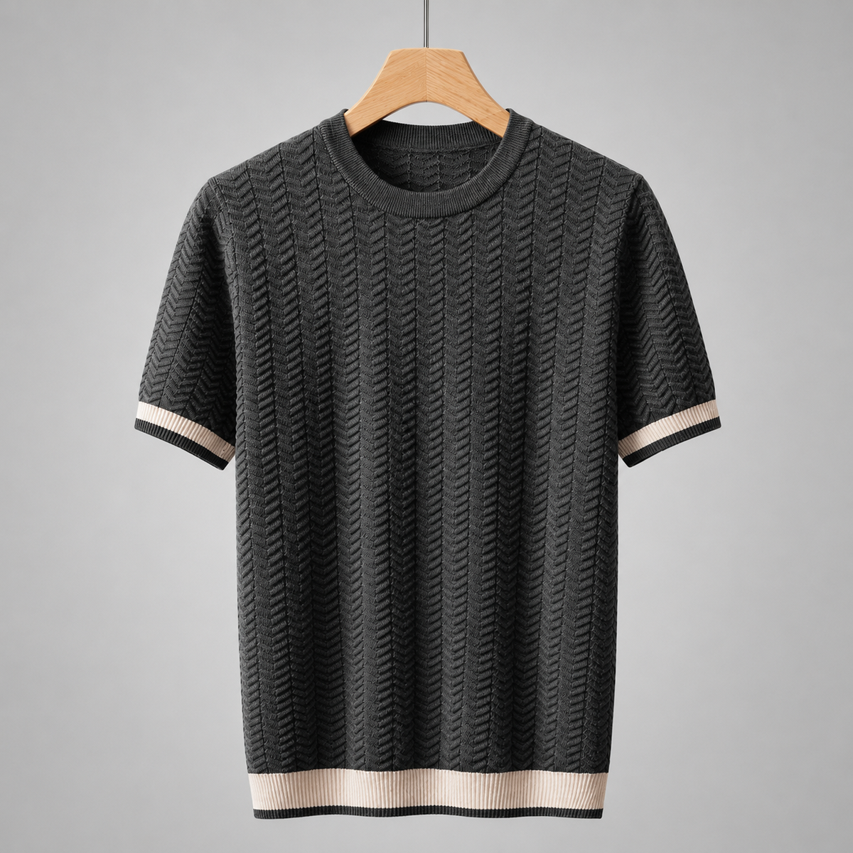 Men's Textured Knit T-Shirt – Modern Fit with Contrast Ribbed Trim