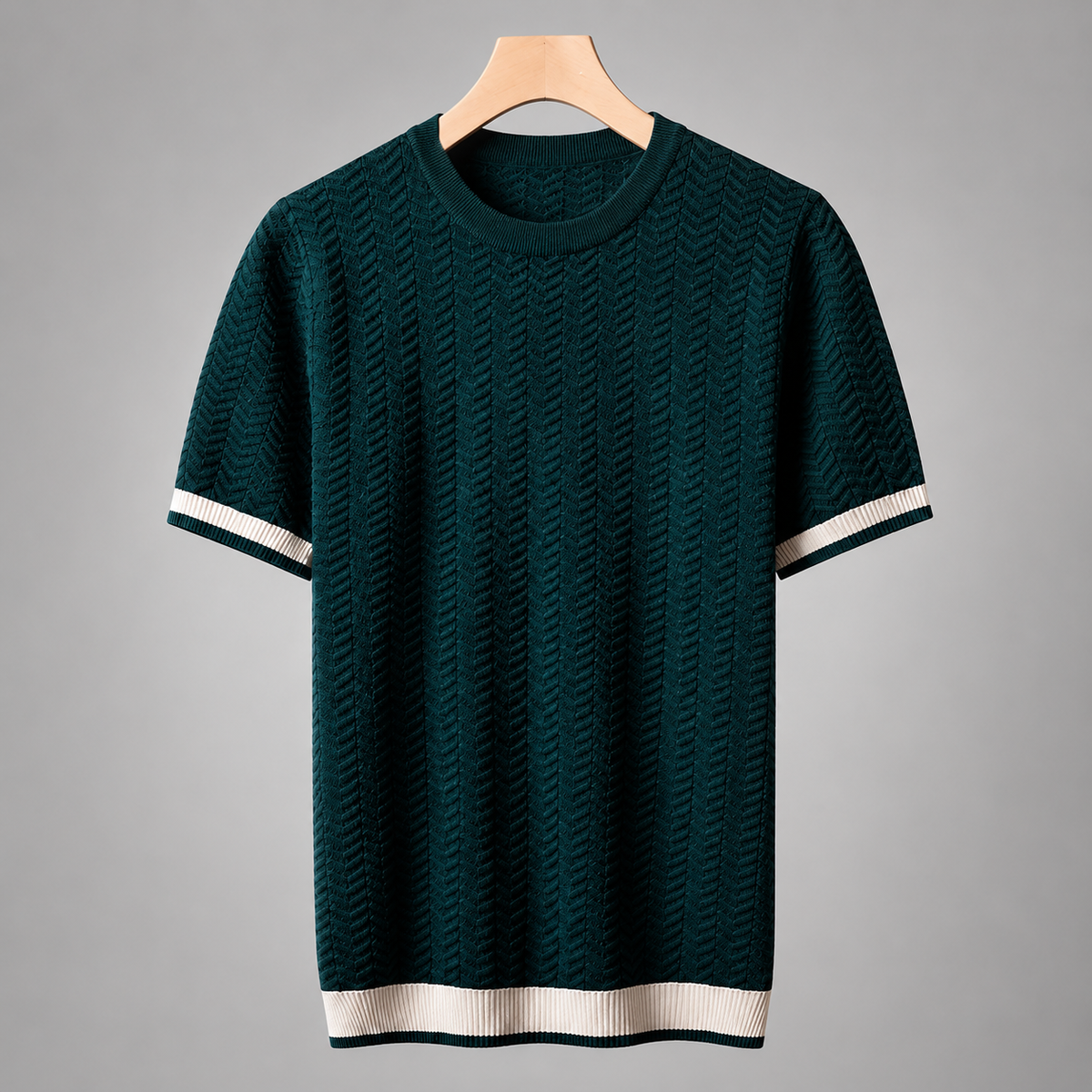 Men's Textured Knit T-Shirt – Modern Fit with Contrast Ribbed Trim