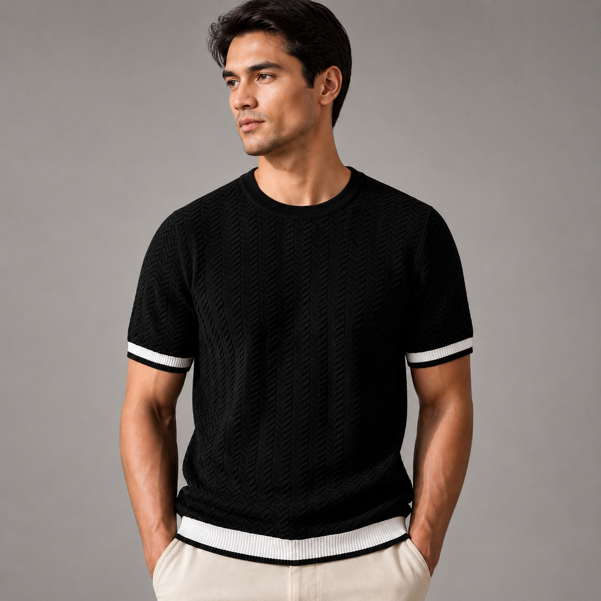 Men's Textured Knit T-Shirt – Modern Fit with Contrast Ribbed Trim