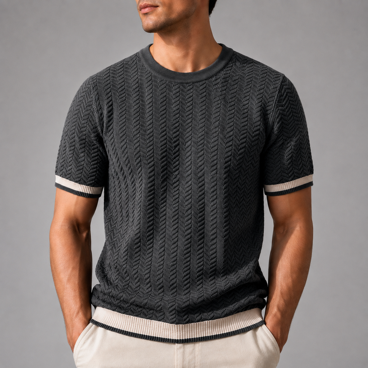 Men's Textured Knit T-Shirt – Modern Fit with Contrast Ribbed Trim