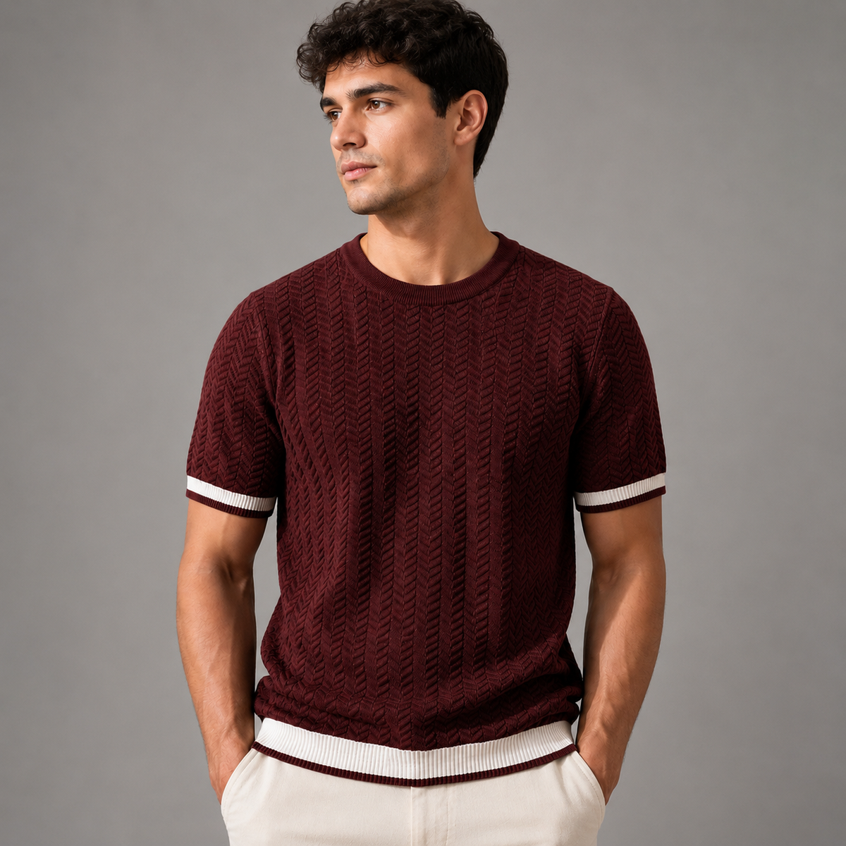 Men's Textured Knit T-Shirt – Modern Fit with Contrast Ribbed Trim