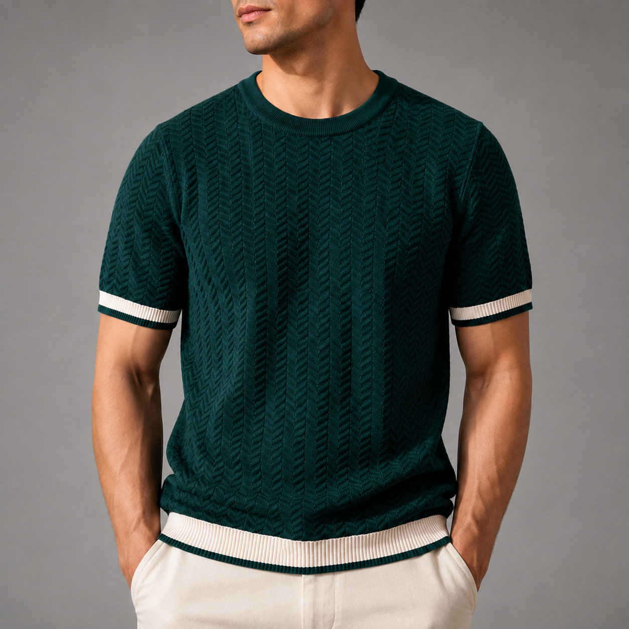 Men's Textured Knit T-Shirt – Modern Fit with Contrast Ribbed Trim