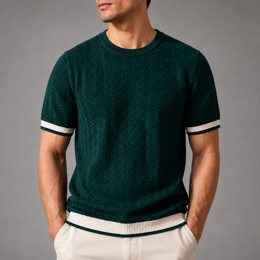 Men's Textured Knit T-Shirt – Modern Fit with Contrast Ribbed Trim