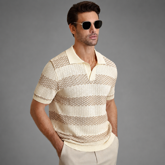 Men's Textured Knit Polo Shirt – Structured Open Collar, Relaxed Fit