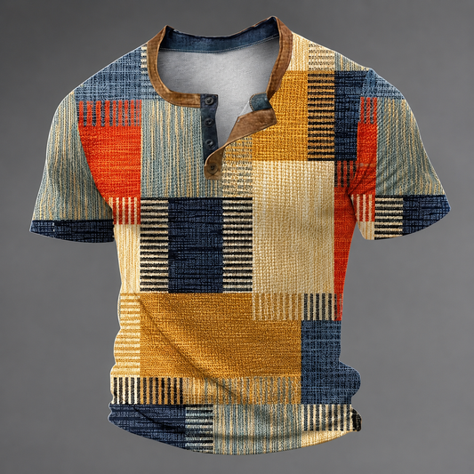Men's Patchwork T-Shirt – Relaxed Fit with Modern Collar