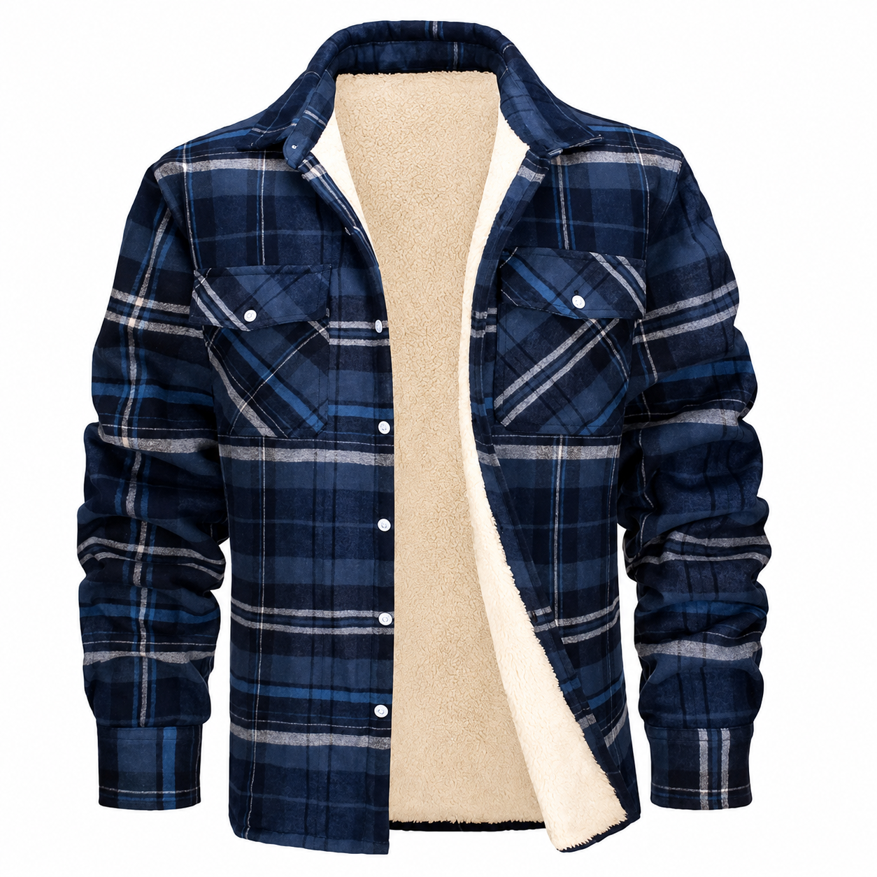 Men's Sherpa Lined Plaid Jacket – Button-Down Closure with Chest Pockets