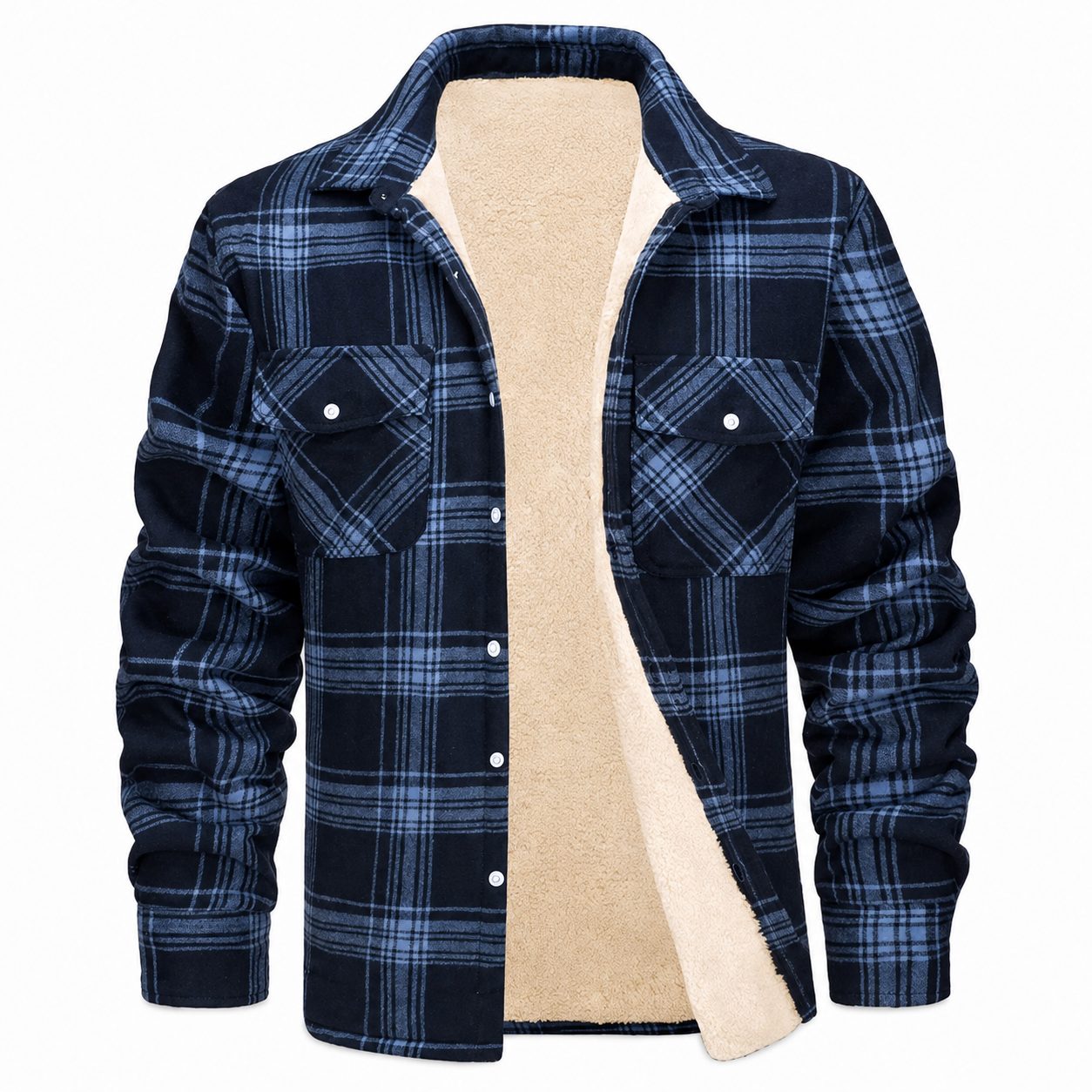 Men's Sherpa Lined Plaid Jacket – Button-Down Closure with Chest Pockets