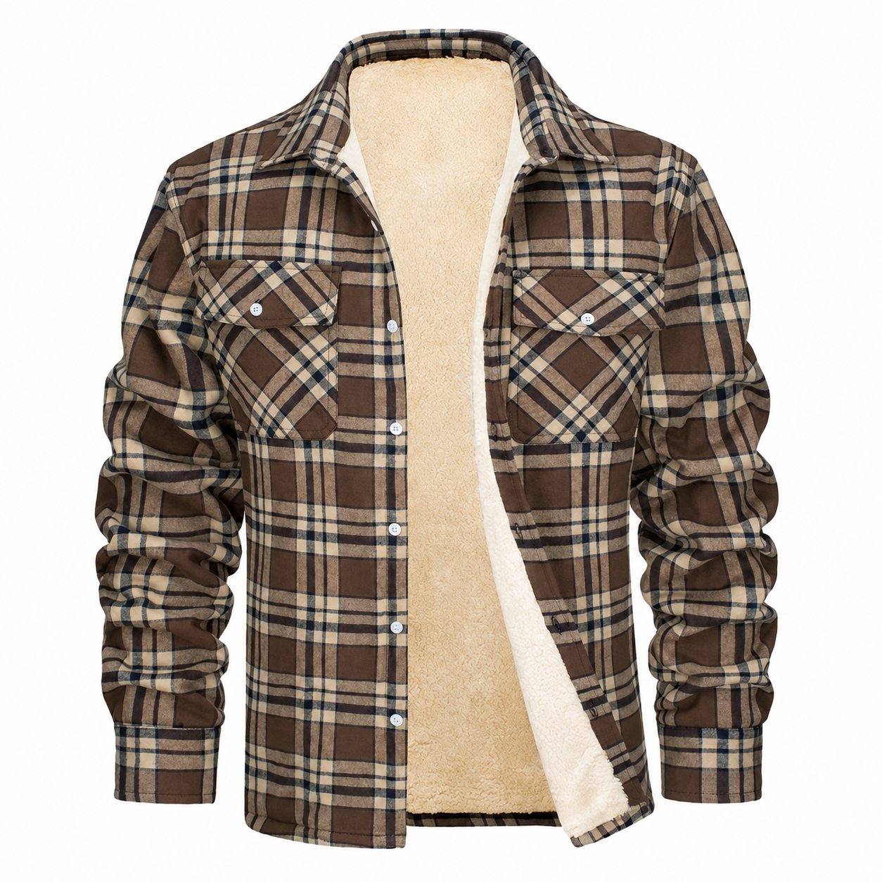 Men's Sherpa Lined Plaid Jacket – Button-Down Closure with Chest Pockets