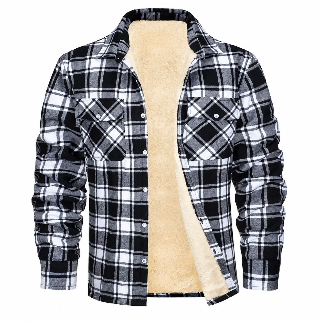 Men's Sherpa Lined Plaid Jacket – Button-Down Closure with Chest Pockets