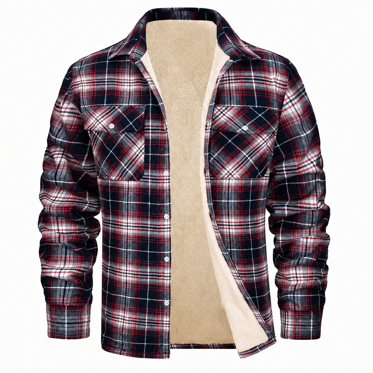 Men's Sherpa Lined Plaid Jacket – Button-Down Closure with Chest Pockets