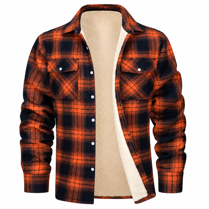 Men's Sherpa Lined Plaid Jacket – Button-Down Closure with Chest Pockets