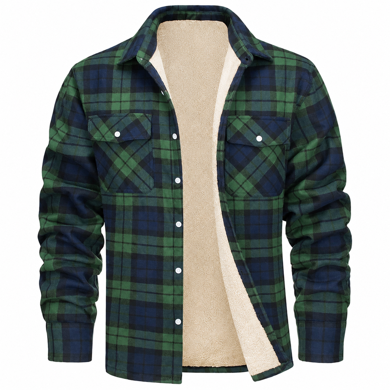 Men's Sherpa Lined Plaid Jacket – Button-Down Closure with Chest Pockets