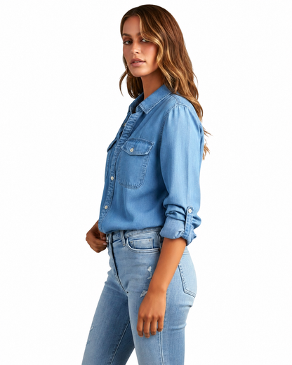 Women's Woven Denim Shirt – Button Front with Long Sleeves and Chest Pockets