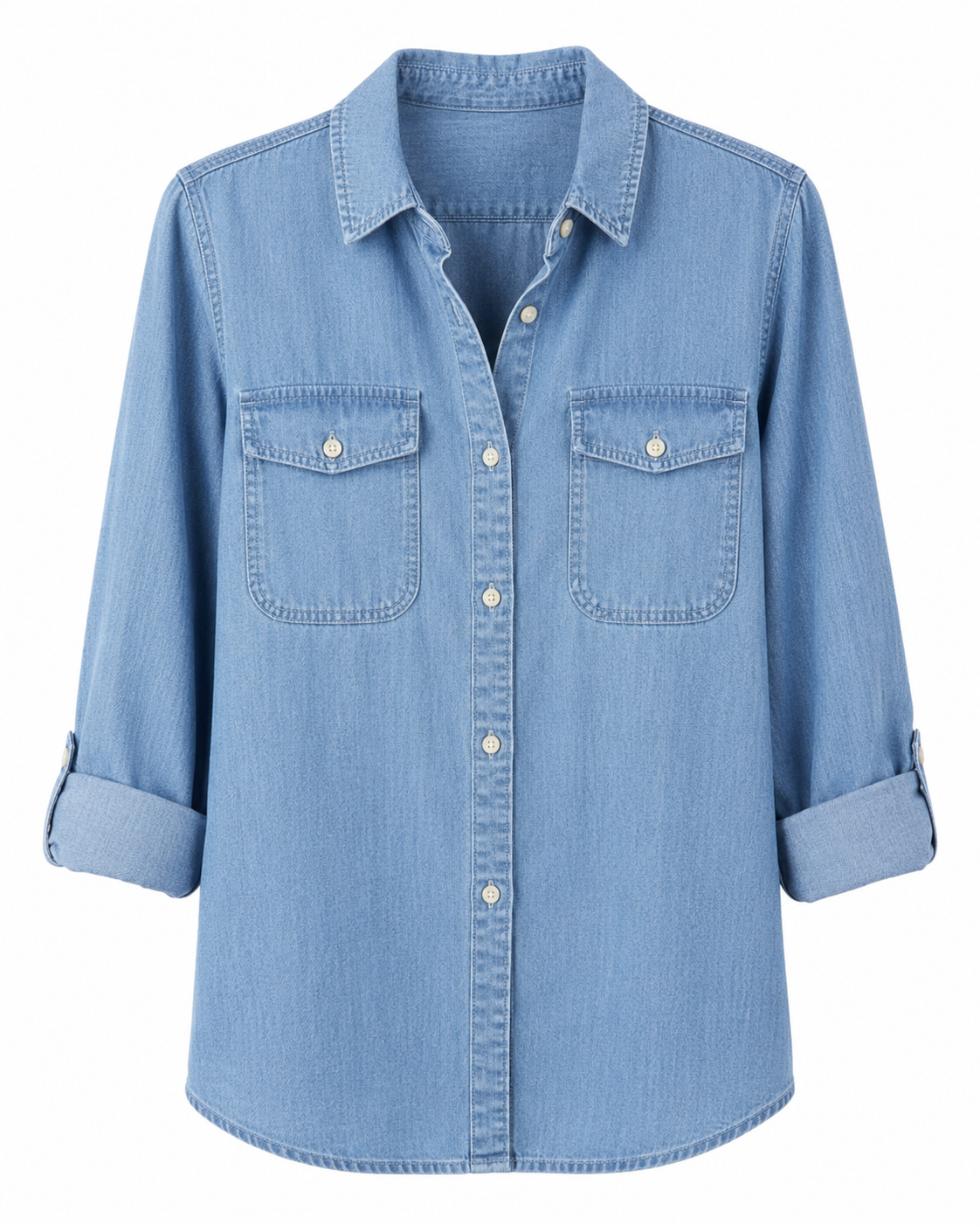 Women's Woven Denim Shirt – Button Front with Long Sleeves and Chest Pockets