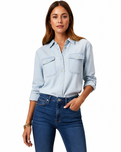 Women's Woven Denim Shirt – Button Front with Long Sleeves and Chest Pockets