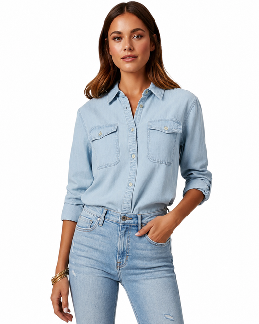 Women's Woven Denim Shirt – Button Front with Long Sleeves and Chest Pockets