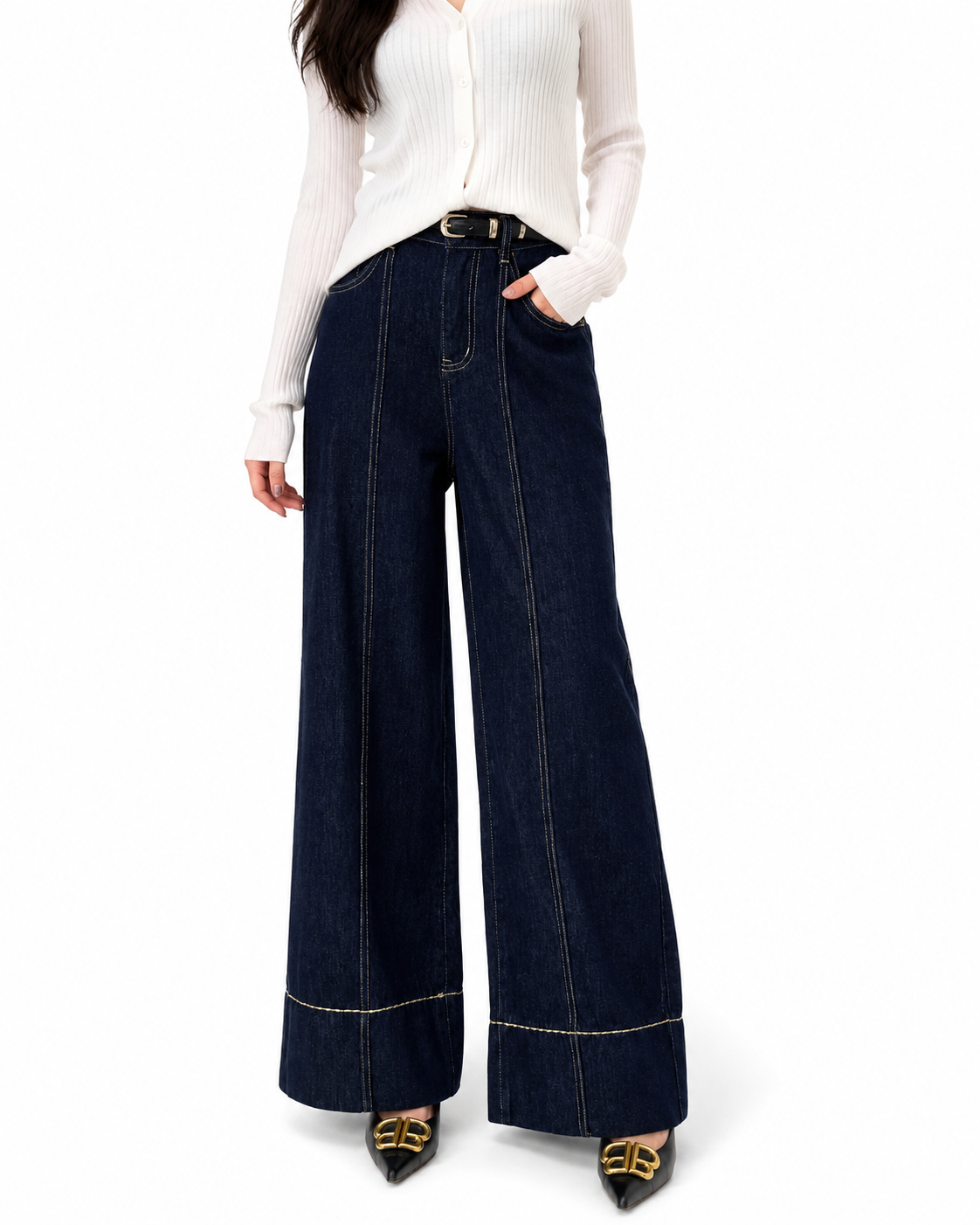 Women's Mid Waist Wide Leg Jeans – Regular Fit, Cotton Blend
