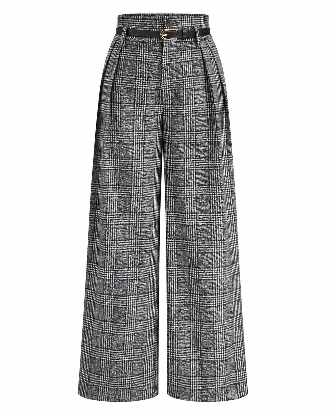 Women's High-Waisted Plaid Pants – Belted Design, Regular Fit, Non-Stretch