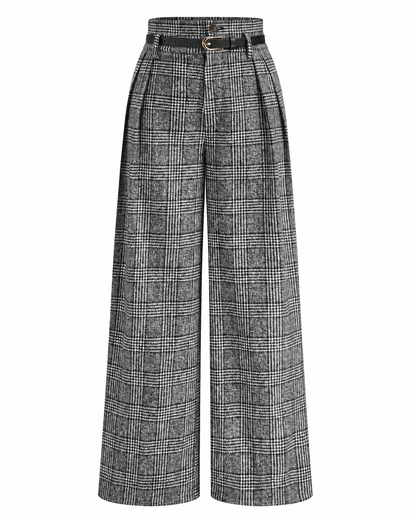 Women's High-Waisted Plaid Pants – Belted Design, Regular Fit, Non-Stretch