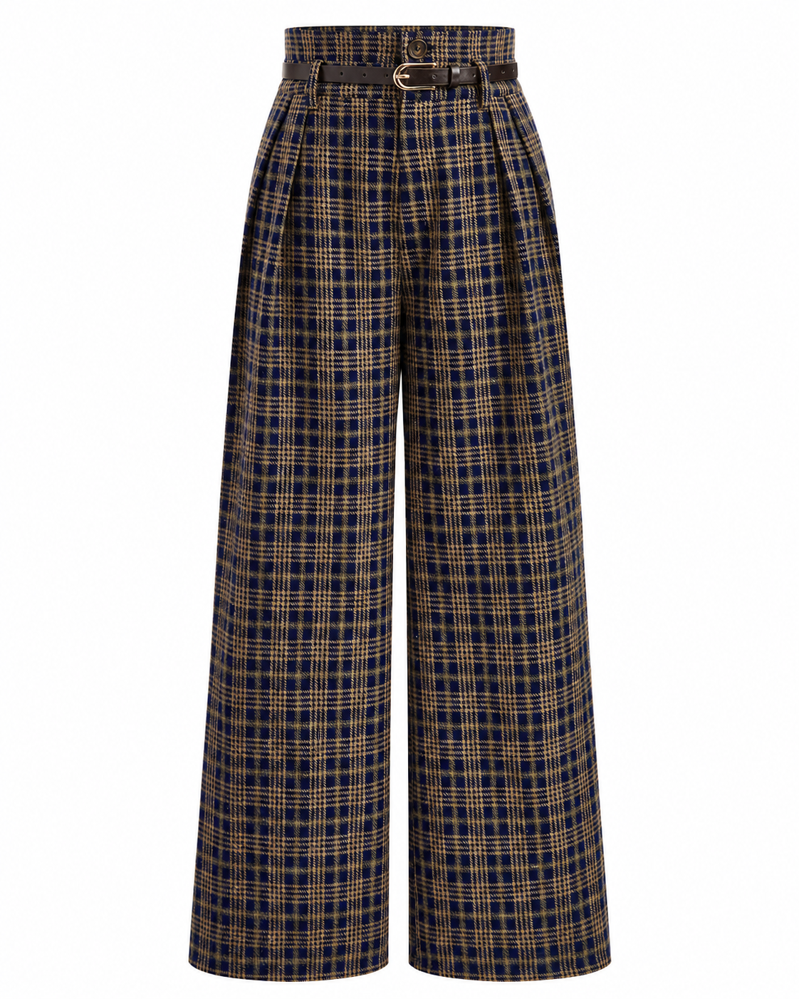 Women's High-Waisted Plaid Pants – Belted Design, Regular Fit, Non-Stretch