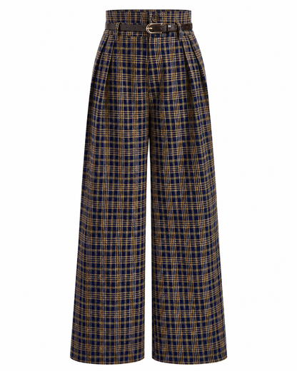 Women's High-Waisted Plaid Pants – Belted Design, Regular Fit, Non-Stretch