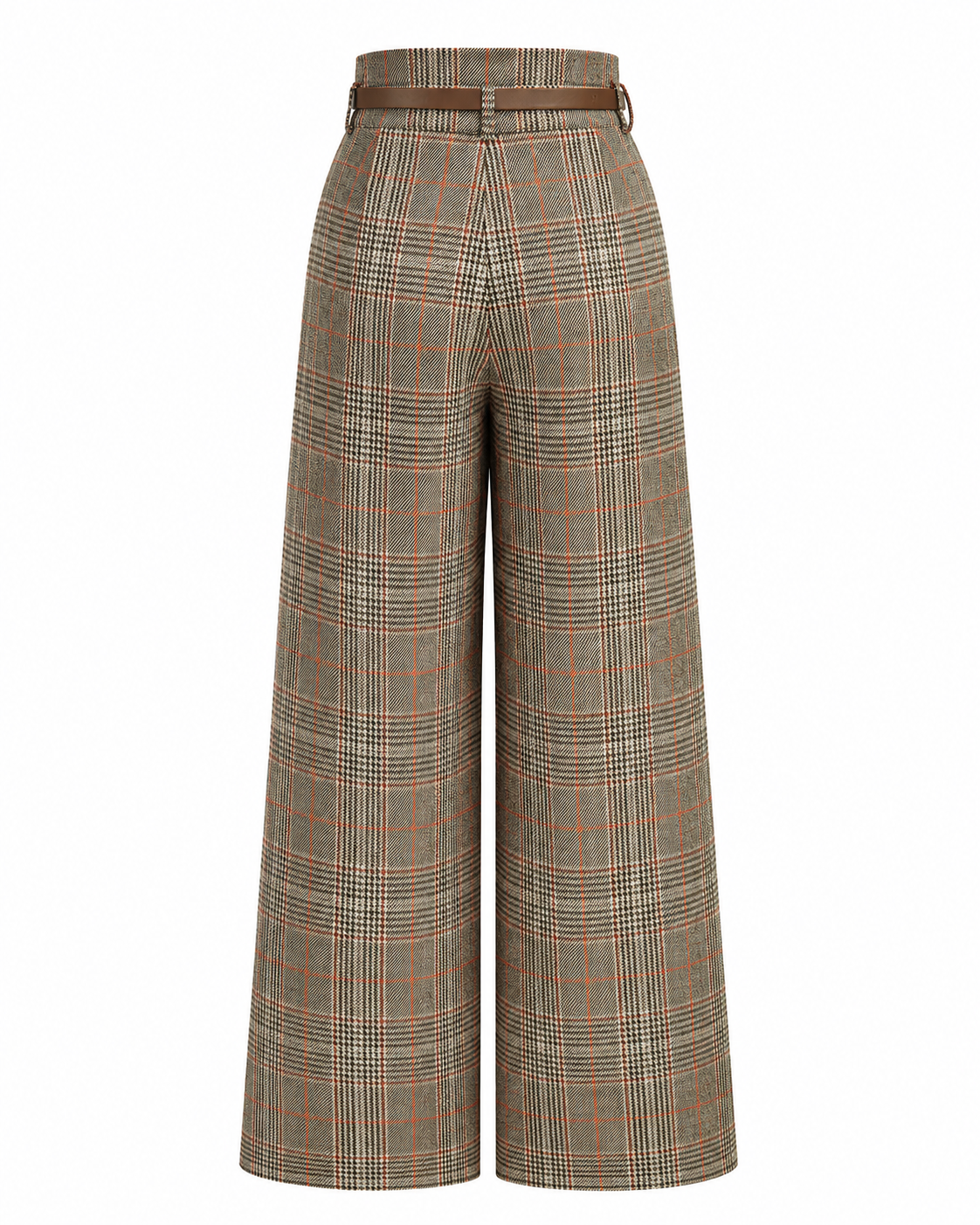 Women's High-Waisted Plaid Pants – Belted Design, Regular Fit, Non-Stretch