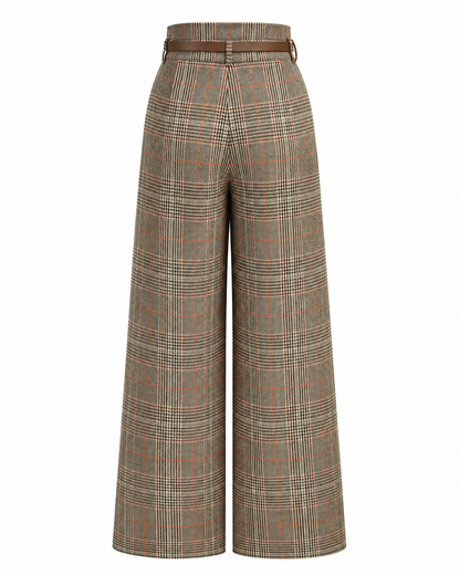 Women's High-Waisted Plaid Pants – Belted Design, Regular Fit, Non-Stretch