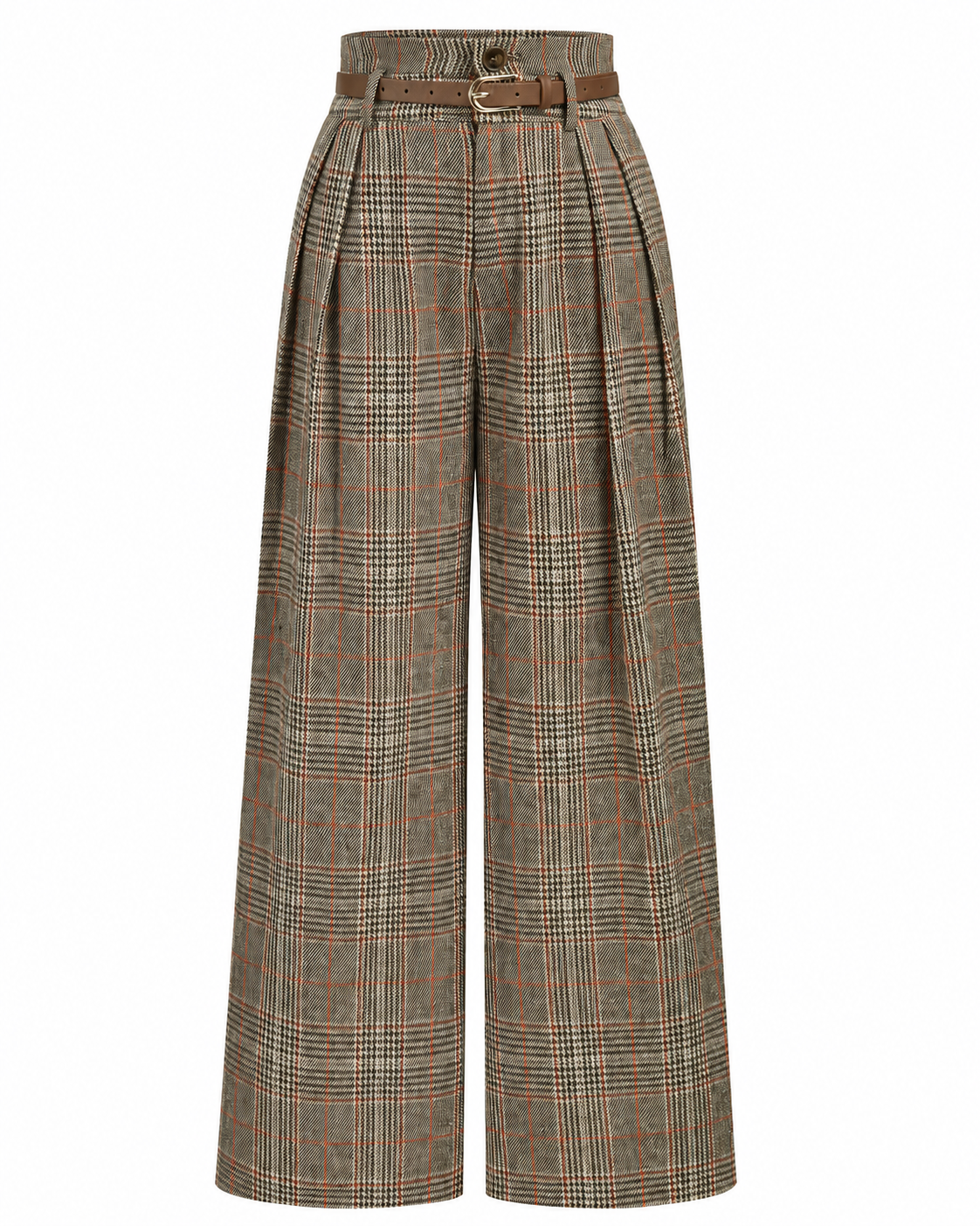Women's High-Waisted Plaid Pants – Belted Design, Regular Fit, Non-Stretch