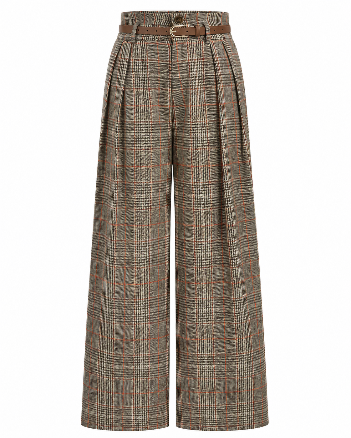 Women's High-Waisted Plaid Pants – Belted Design, Regular Fit, Non-Stretch