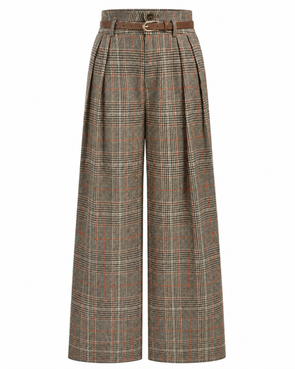 Women's High-Waisted Plaid Pants – Belted Design, Regular Fit, Non-Stretch