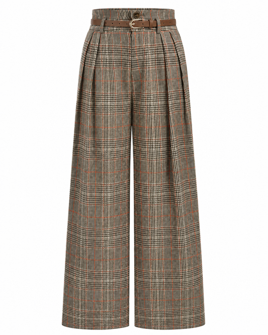 Women's High-Waisted Plaid Pants – Belted Design, Regular Fit, Non-Stretch