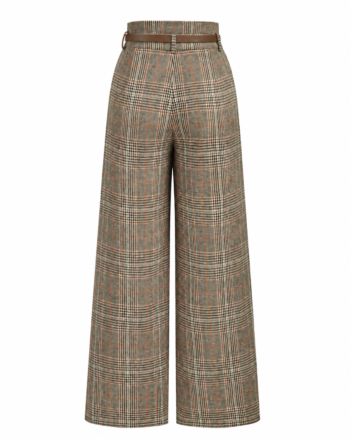 Women's High-Waisted Plaid Pants – Belted Design, Regular Fit, Non-Stretch