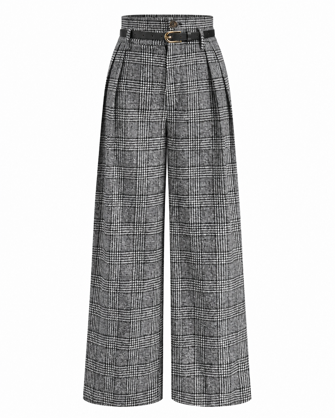 Women's High-Waisted Plaid Pants – Belted Design, Regular Fit, Non-Stretch