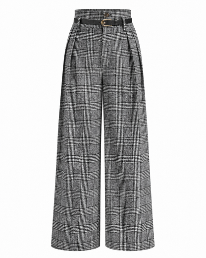 Women's High-Waisted Plaid Pants – Belted Design, Regular Fit, Non-Stretch
