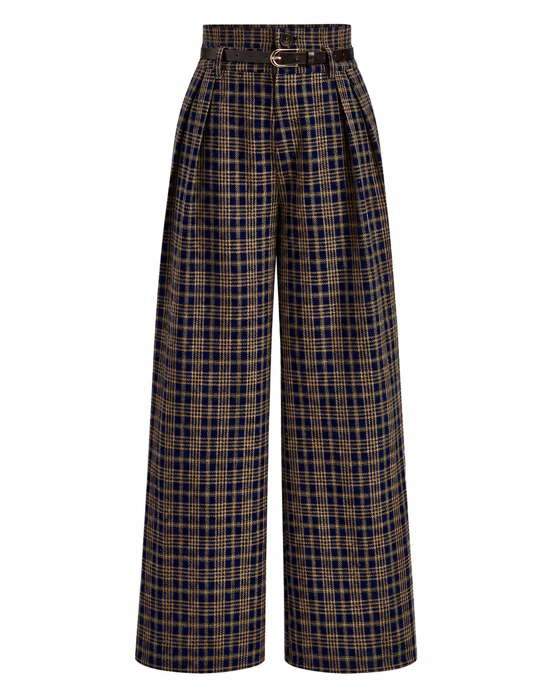 Women's High-Waisted Plaid Pants – Belted Design, Regular Fit, Non-Stretch