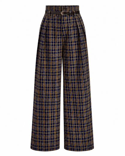 Women's High-Waisted Plaid Pants – Belted Design, Regular Fit, Non-Stretch