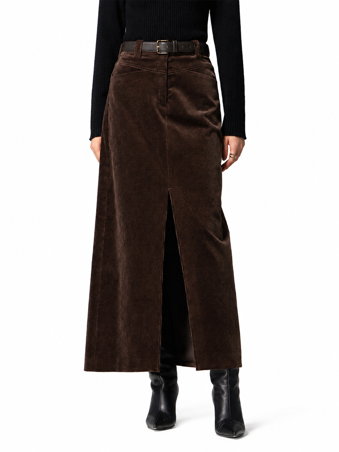 Women's Corduroy Maxi Skirt – Relaxed Fit with Pockets and Slit Detail