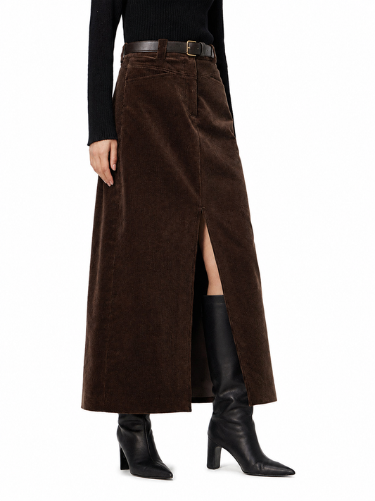 Women's Corduroy Maxi Skirt – Relaxed Fit with Pockets and Slit Detail