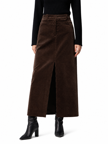 Women's Corduroy Maxi Skirt – Relaxed Fit with Pockets and Slit Detail