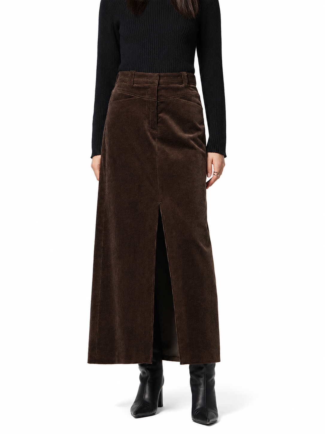 Women's Corduroy Maxi Skirt – Relaxed Fit with Pockets and Slit Detail