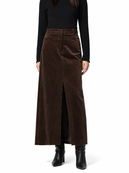 Women's Corduroy Maxi Skirt – Relaxed Fit with Pockets and Slit Detail