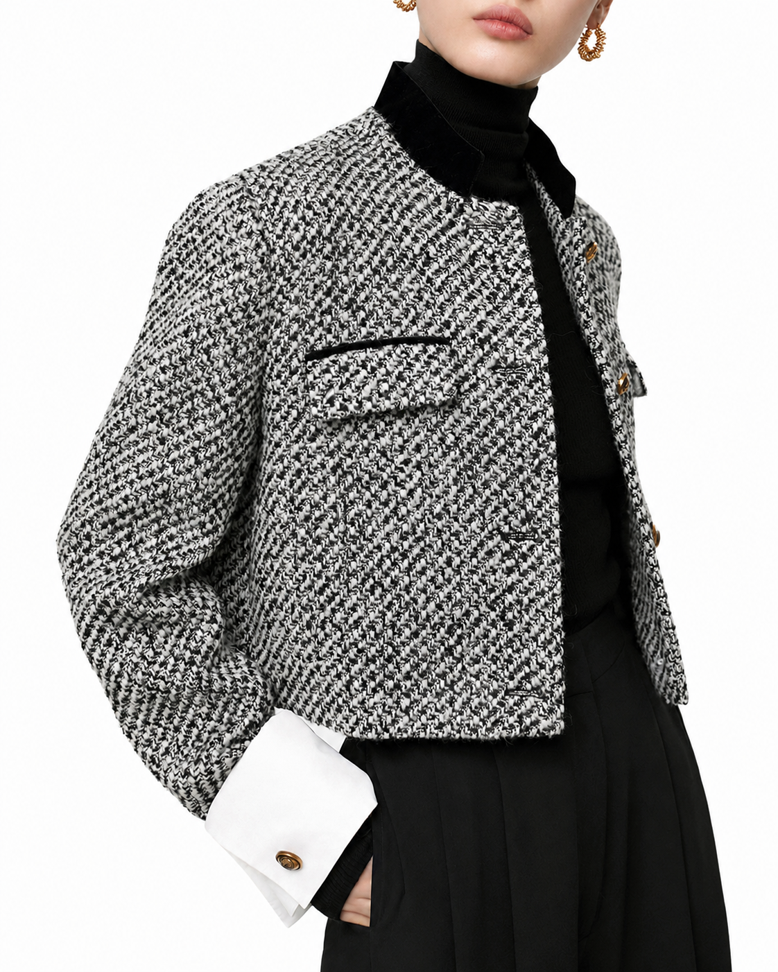 Women's Tweed Boucle Cropped Blazer – Regular Fit with Long Sleeves