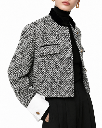 Women's Tweed Boucle Cropped Blazer – Regular Fit with Long Sleeves