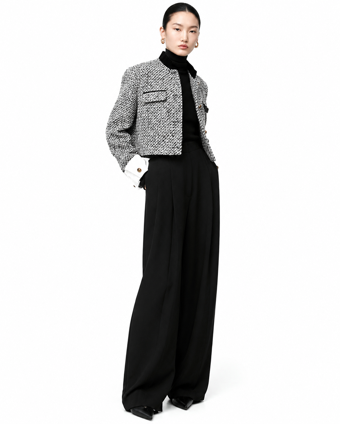 Women's Tweed Boucle Cropped Blazer – Regular Fit with Long Sleeves