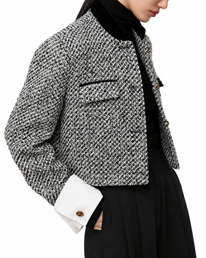 Women's Tweed Boucle Cropped Blazer – Regular Fit with Long Sleeves