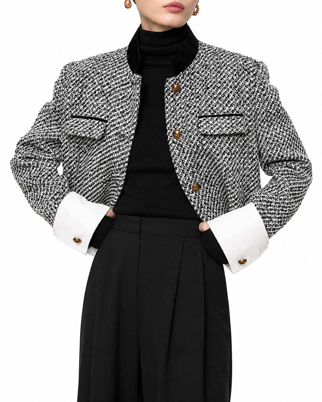Women's Tweed Boucle Cropped Blazer – Regular Fit with Long Sleeves