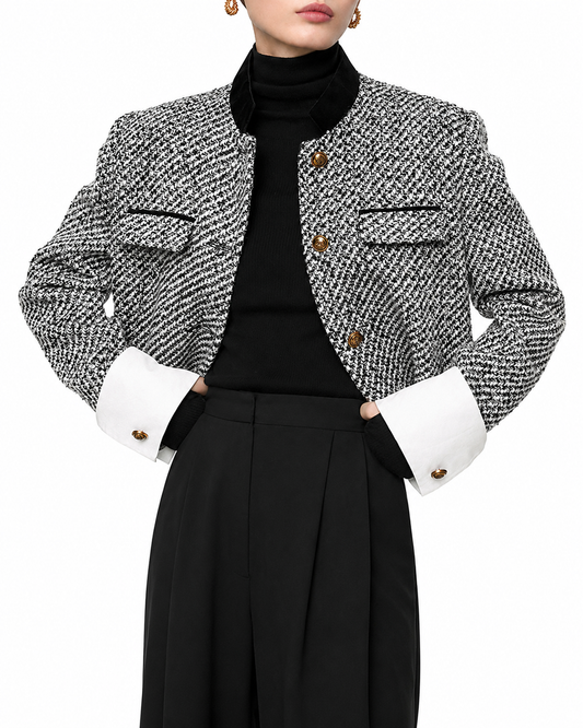 Women's Tweed Boucle Cropped Blazer – Regular Fit with Long Sleeves